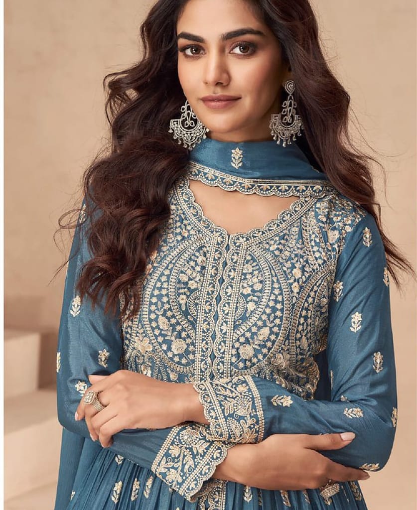 traditional front slit blue chinon anarkali set for women