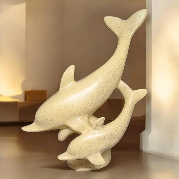 Dolphin Figurine Pair – Minimalist Beige Polyresin Sculpture of Parent and Baby Dolphins – Coastal Theme Tabletop Decor for Shelf, Mantel, or Gift