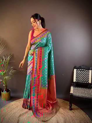 Teal Soft Silk Butti Zari Weaving Work Banarasi Saree