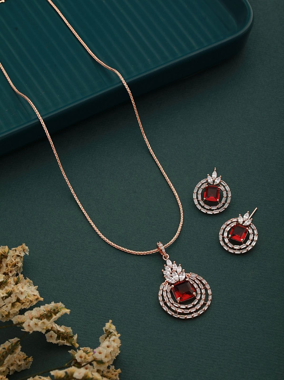 Rose Gold Plated Pink Ruby Studded Circle Pendant Locket Set Earrings and Chain