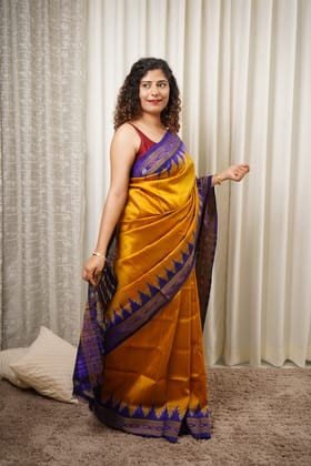 Bandha Border Khandua Ikkat Silk Saree - Mustard Gold
