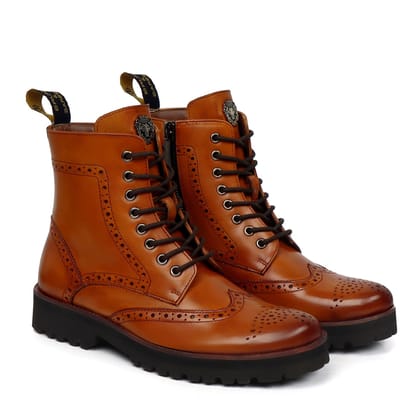 Wingtip Full Punching Brogue Men's Boots in Tan Leather Light Weight By Brune & Bareskin-40/6
