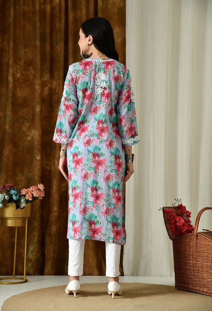 Multi color Mulmul Pure Cotton Lucknow Chikankari Kurta -Lavender