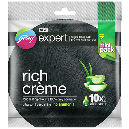 Godrej Expert Rich Creme Hair Colour - Natural Black, Long-Lasting, 100% Grey Coverage, No Ammonia, 24 Ml Sachet