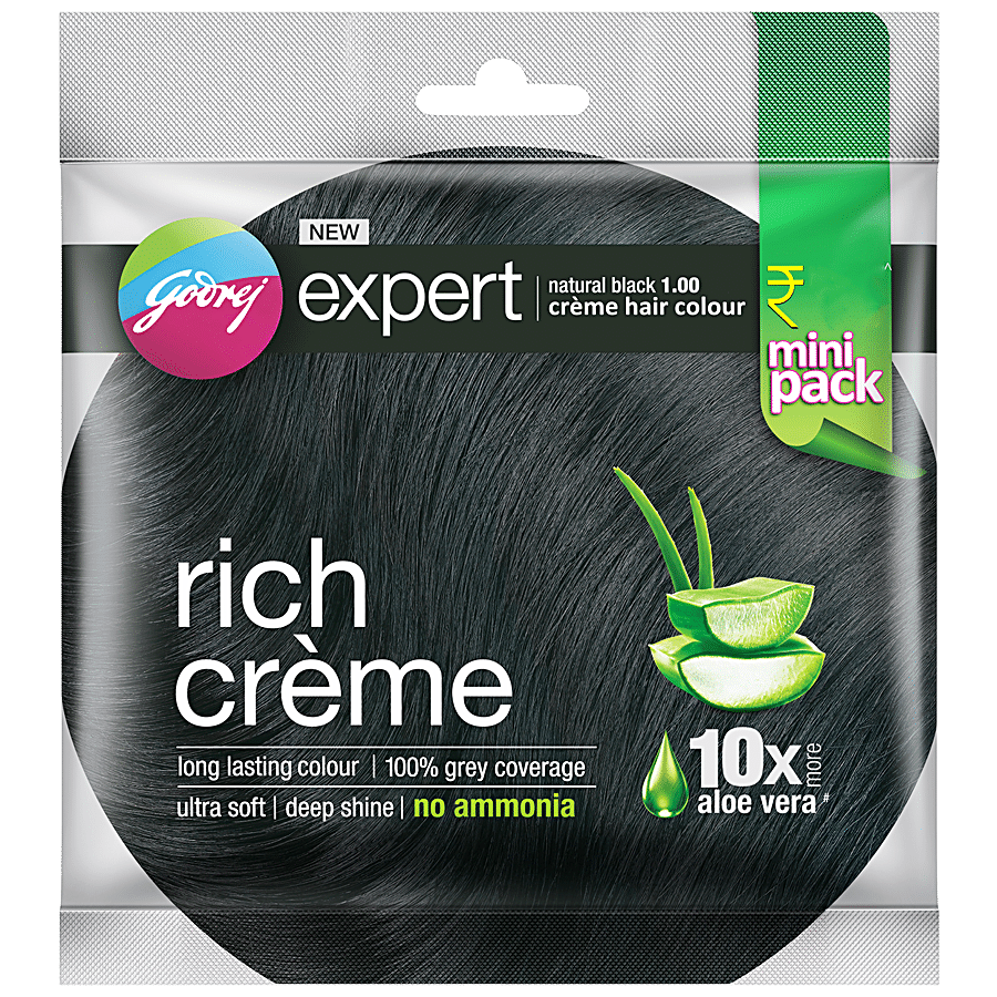 Godrej Expert Rich Creme Hair Colour - Natural Black, Long-Lasting, 100% Grey Coverage, No Ammonia, 24 Ml Sachet