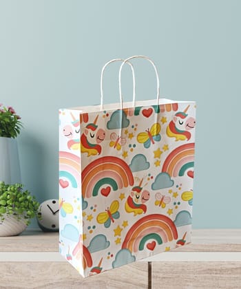 90 GSM Rainbow Unicorn Printed Small Paper Gift Bags, Ideal for Birthday Return Gifts, Kids Party, & Gifting on Special Occasions (Size: 9.4 x 7.9 x 3 inch) -  12