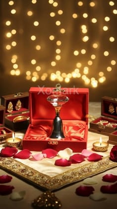 Silver & Gold Decorative Diamond Crystal Bell Set With Brass Stand, Gold And Silver Plated Serving Plates