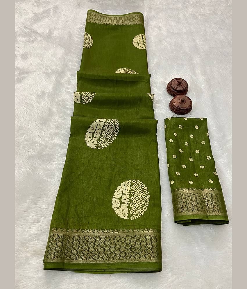 Bhuwal Fashion Art Silk Printed Saree With Unstitched Blouse Piece ( Green )