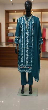 Exquisite Aqua Blue Roman Silk Suit Set with Intricate Embroidery