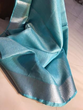 Whimsical Pure Tissue Linen Blue Handdyed Saree