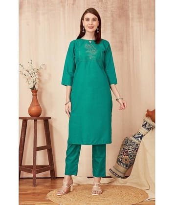 TRAHIMAM Cotton Blend Embroidered Kurti With Pants Women's Stitched Salwar Suit - Green ( Pack of 1 )