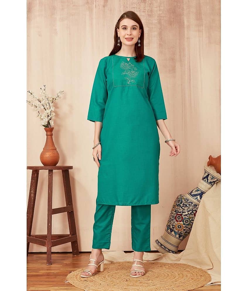 TRAHIMAM Cotton Blend Embroidered Kurti With Pants Women's Stitched Salwar Suit - Green ( Pack of 1 )