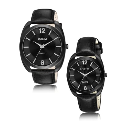 LOREM Couple Watches with Dial, Quartz Movement, Black Faux Leather Strap