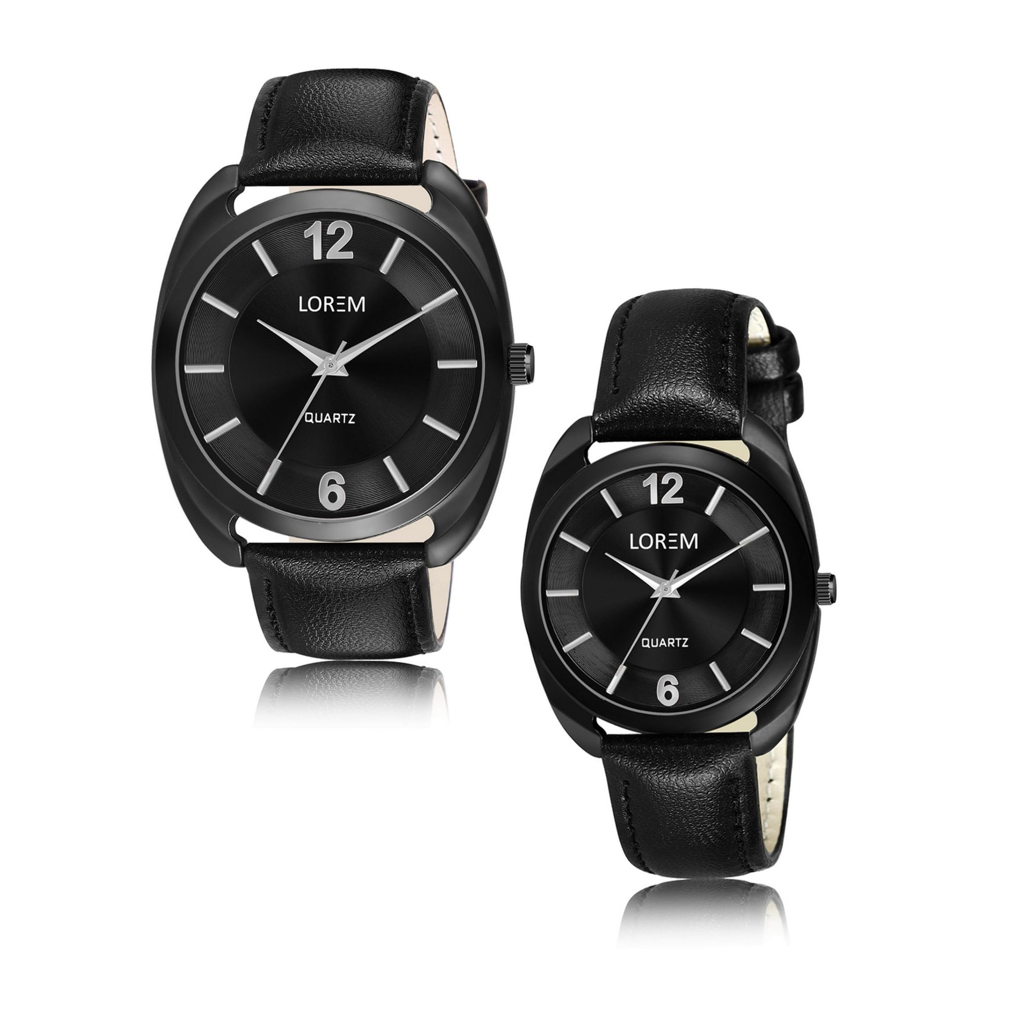 LOREM Couple Watches with Dial, Quartz Movement, Black Faux Leather Strap