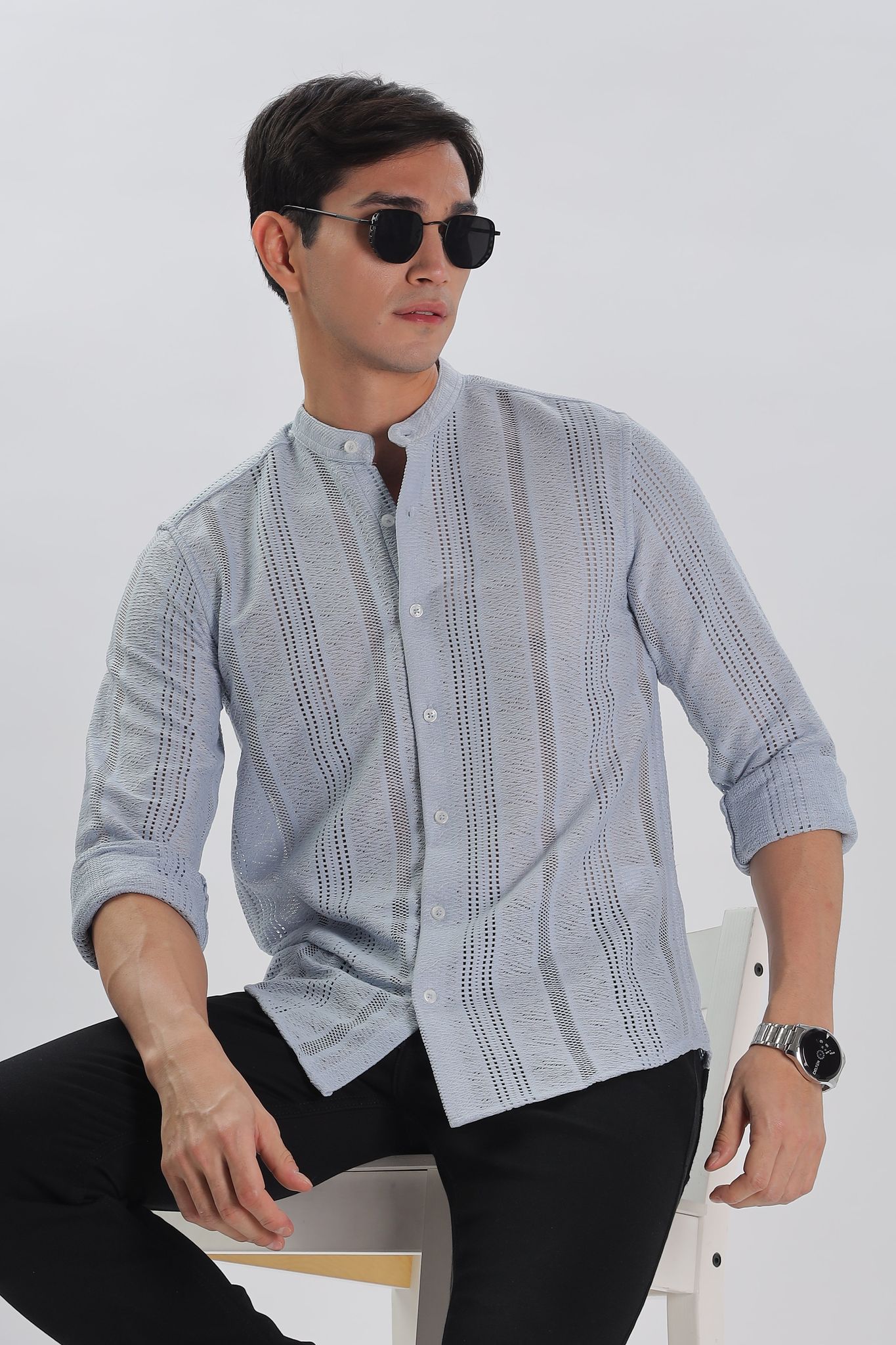 Sky Blue Jacquard Knit Shirt-S
