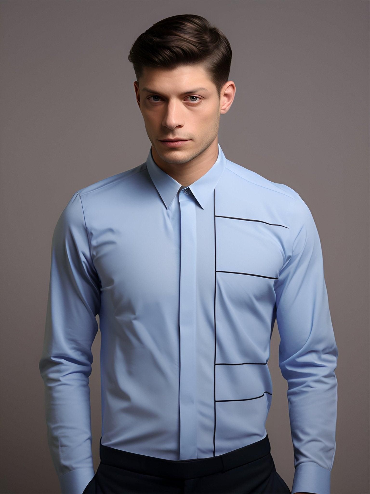 Embroidered Semi Formal Blue Shirt-POWDERBLUE / S