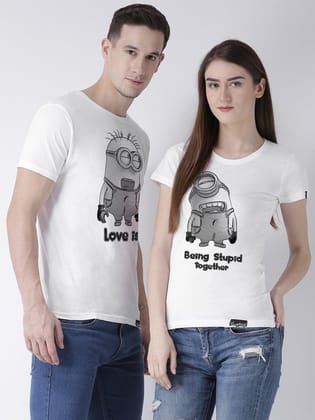 Minions Printed White Color Couple Tshirts-Men- S / Women-S
