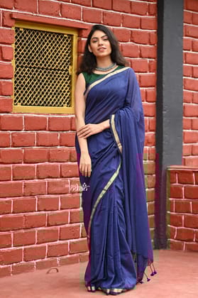 Saadgi ~Pure Cotton Handloom Sarees with Intricate Borders ~ Dark Blue