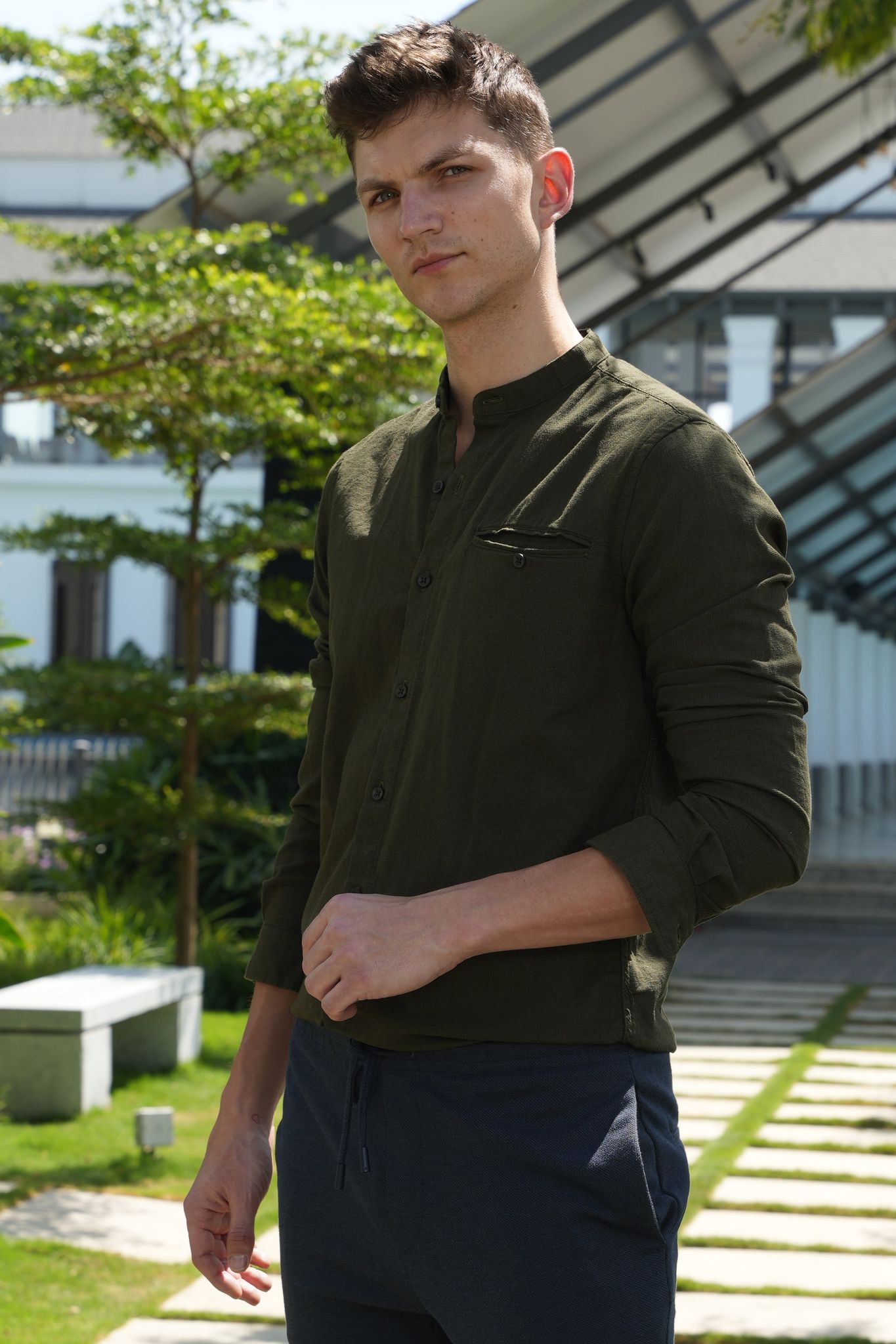 April - Textured Plain Shirt - Olive-XL-44 / OLIVE