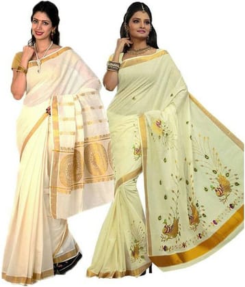 RSV FABRICS Kerela Cotton Saree With Unstitched Blouse Piece ( White,Beige )
