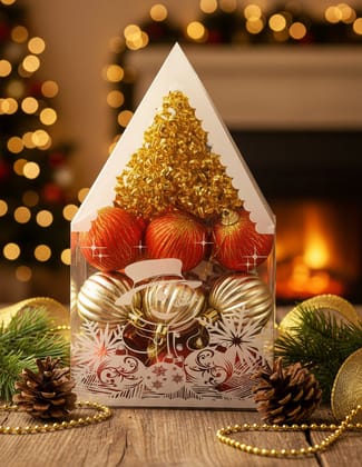 Coral Tree 12-Piece Christmas Hanging Ball Set – Red, Gold & Orange Decorative Ornaments