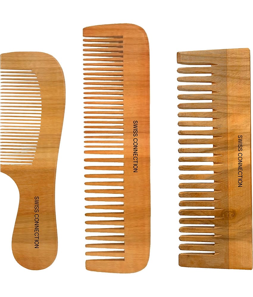 Swiss Connection Wide Tooth Wooden Hair Comb, Wood Detangler For Wet or Dry Hair, Styling & Detangling Tool, Curly, Wavy, Thick Hair, For Natural Growth. Organic Wooden Comb Set Elevate Your Hair Care Routine- Wooden Comb For Women & Men (Pack of 3)