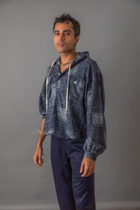 Acid Wash Blue Hooded Shirt-XS