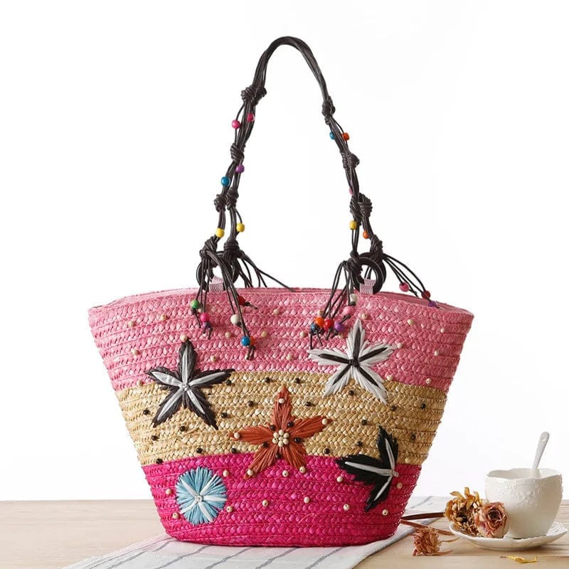 Bohemian Handmade Embroidery Starfish Woven Lady Tote Handbag Shoulder Bag Summer Fashion Women'S Weave Beach Tote Bag