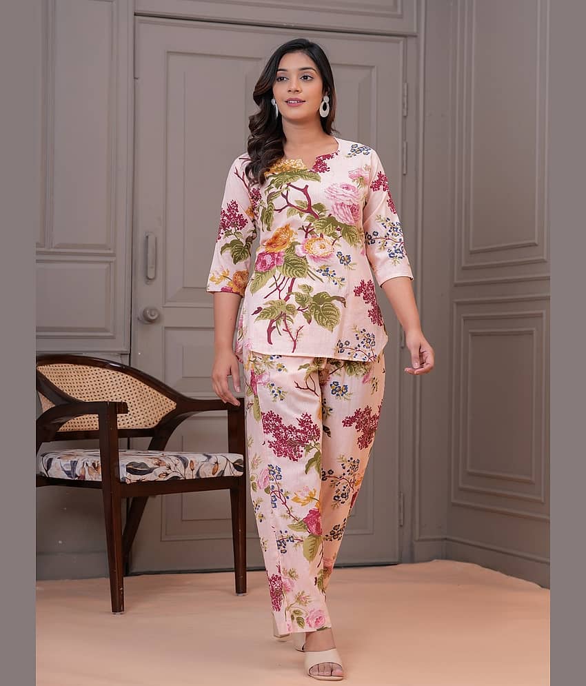 Nevisha Style Women Printed Tunic With Trousers Co-Ord Set ( White )