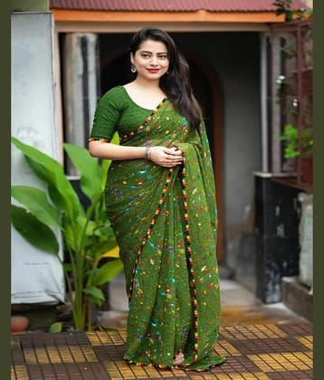 Suntex Georgette Printed Saree With Unstitched Blouse Piece ( Green )