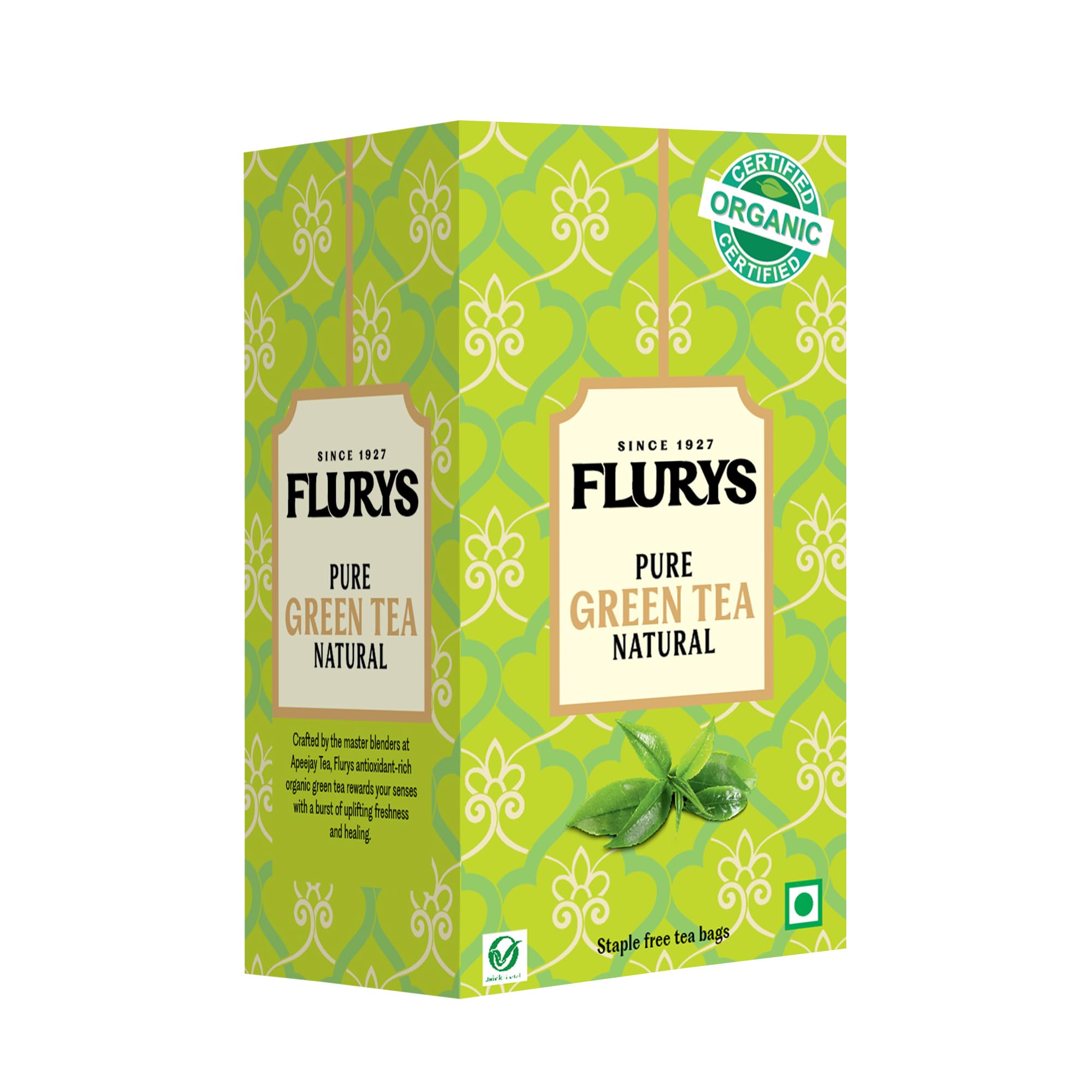 Flurys Pure Organic Green Tea Natural Staple Free Tea Bags (20 Tea Bags)