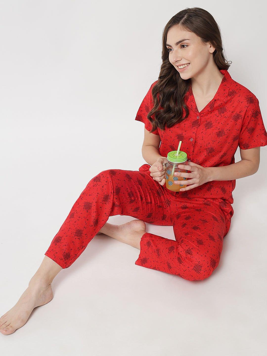 Printed Button Up Navy Nightsuit For Women With Pockets in Pyjamas N74Rd