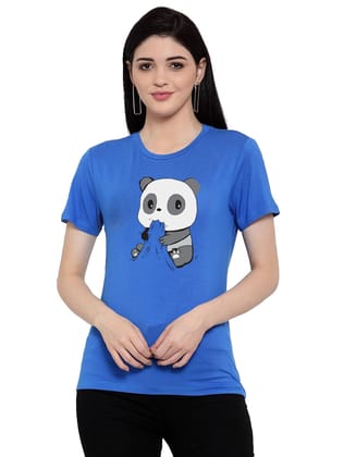 Women's Cotton Blend Panda Bites Printed T-Shirt M (Blue)