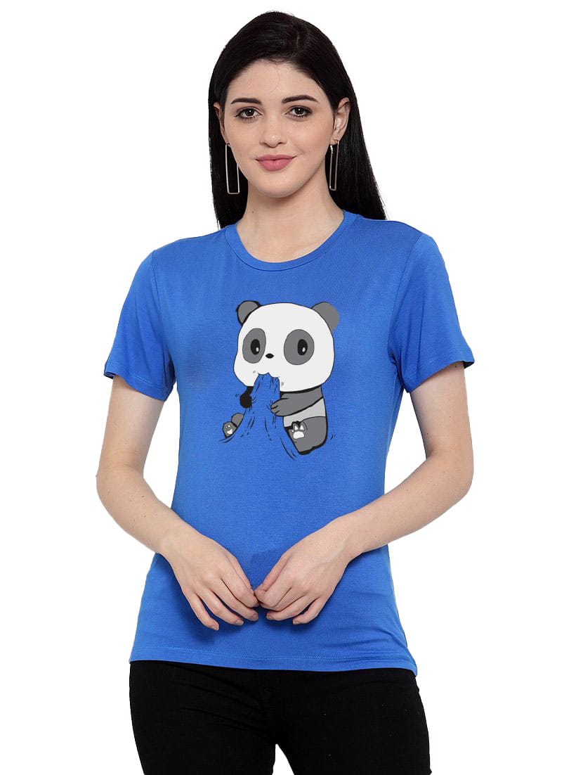 Women's Cotton Blend Panda Bites Printed T-Shirt M (Blue)