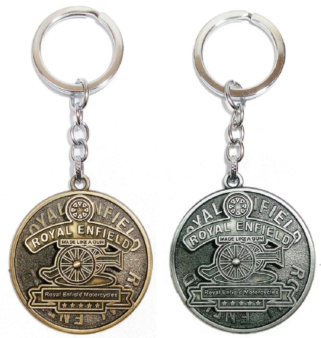 KD COLLECTIONS Combo of Rotating Revolving Keychain Compatible With Royal RE Bullet Classic Bike & Cars - Golden & Grey Color - Pack of 2 Keychains
