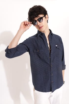 Men's Indigo Small Checked Shirt | Rick Rogue-M/38