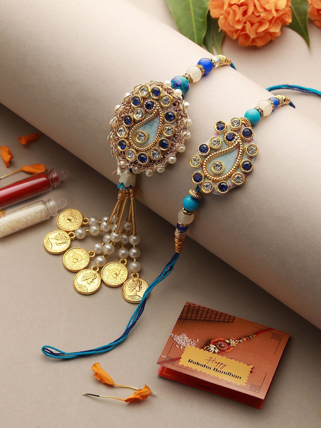 Set Of 2 Stone Studded Designer handcrafted Lumba rakhi set