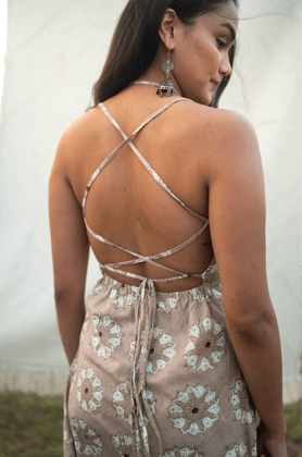 Beige Block Print Backless Dress-XS
