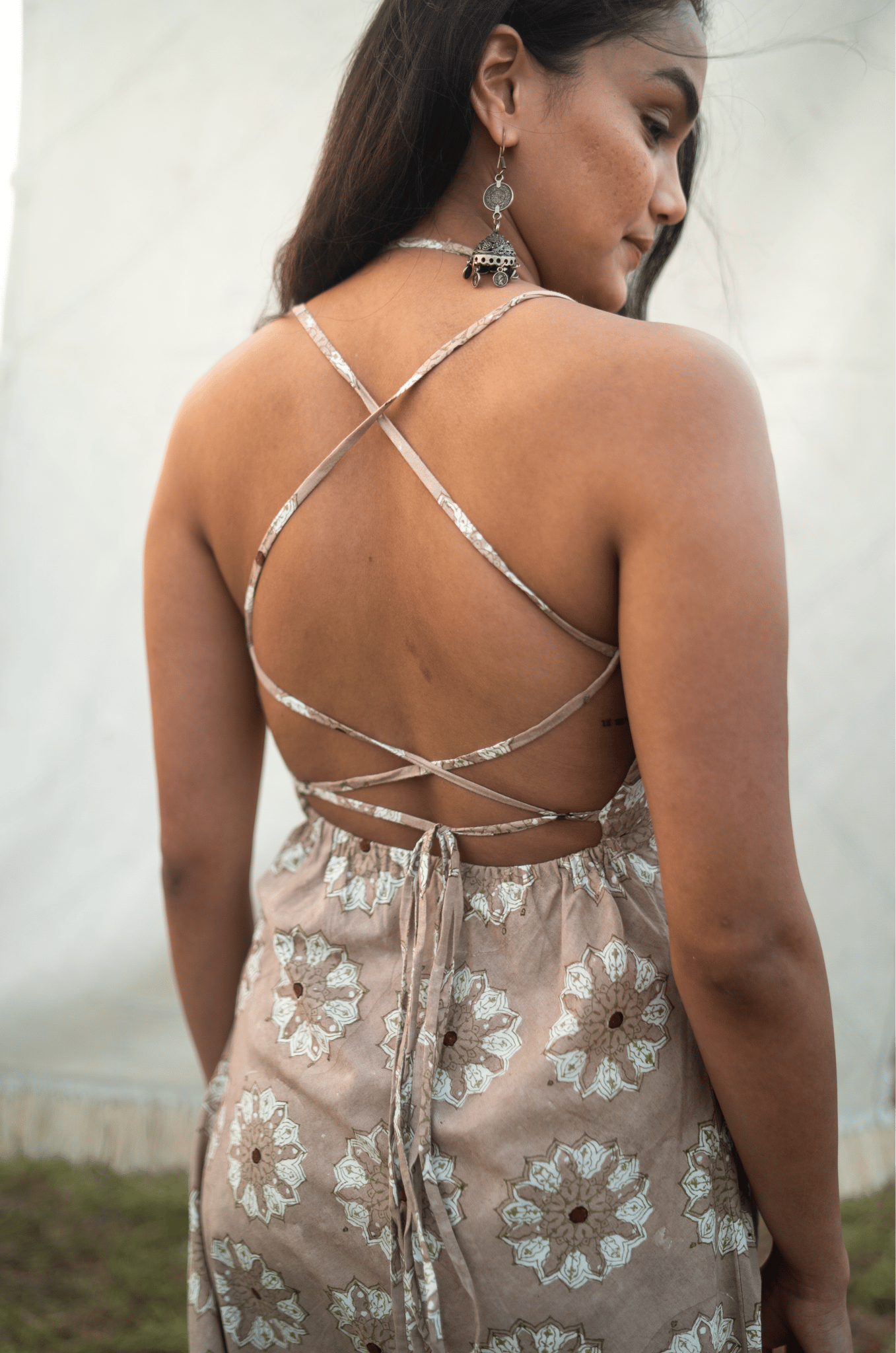 Hand Block Printed Backless Dress - Brazilian Sand-XS