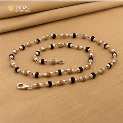925 Sterling silver beads and black basil rosary wooden beads silver chain necklace tulsi mala use in Ayurveda meditation ch605