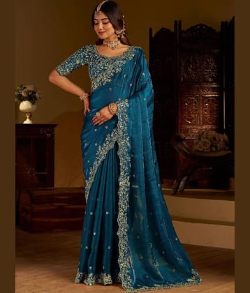KV Fashion Organza Embroidered Regular Saree With Unstitched Blouse Piece ( Rama )