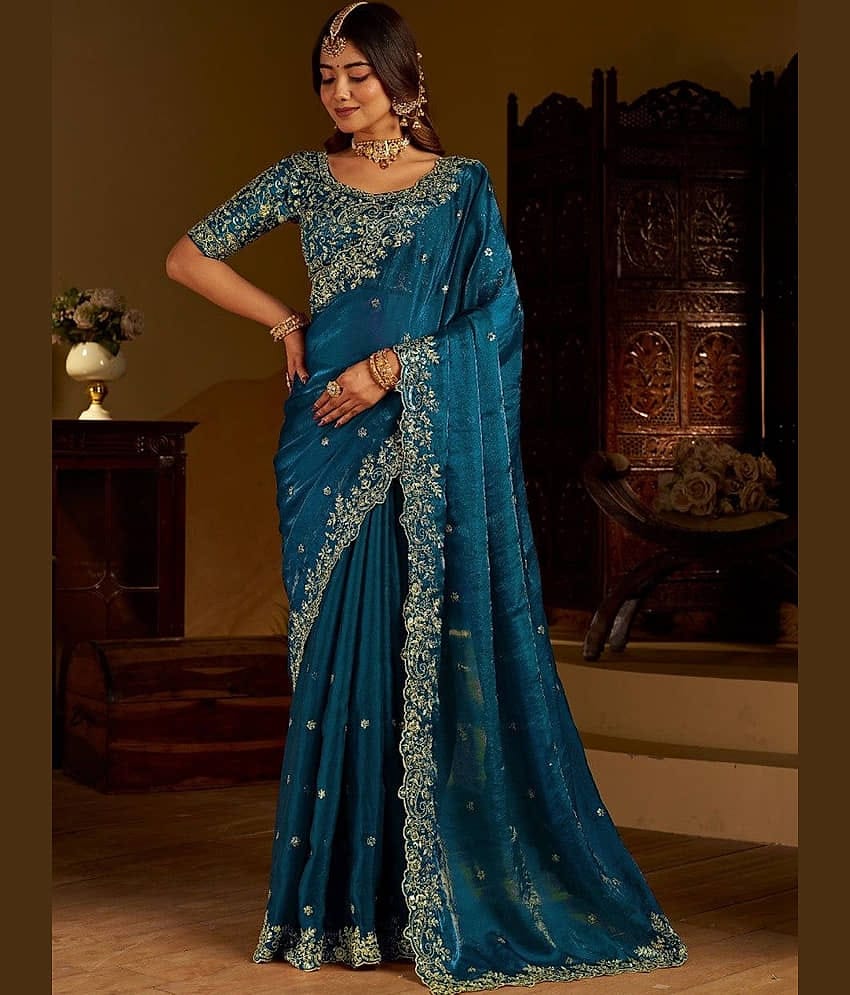 KV Fashion Organza Embroidered Regular Saree With Unstitched Blouse Piece ( Rama )