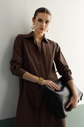 Cleo Shirt Dress: Coco Brown-XS
