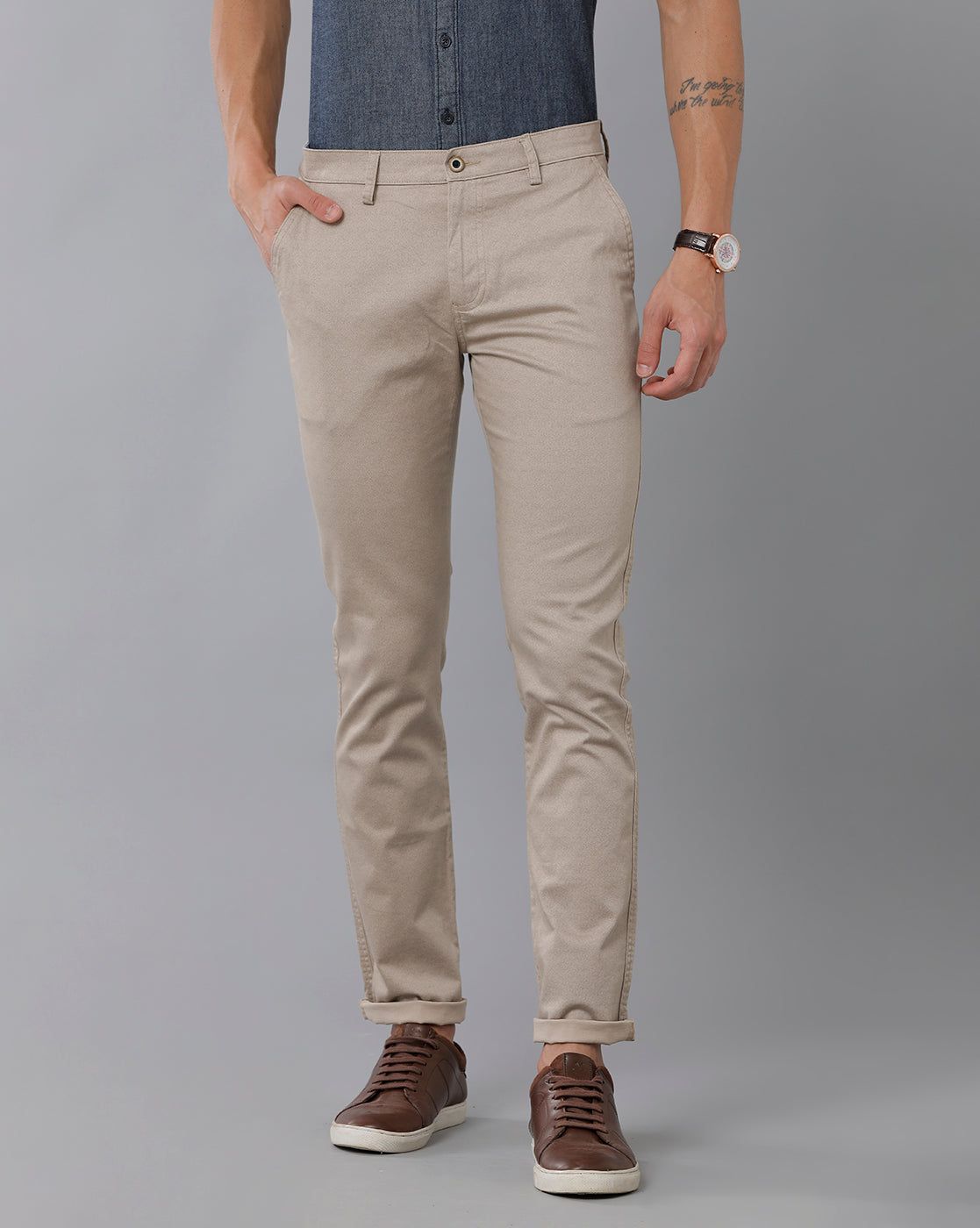 Classic Polo Men's 100% Cotton Moderate Fit Solid Cream Color Trouser | TO1-37 B-CRM