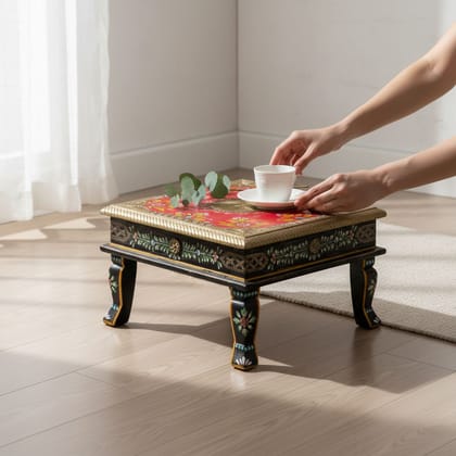 Wooden Painted Chowki Bajot Pooja-Room Stand Decor