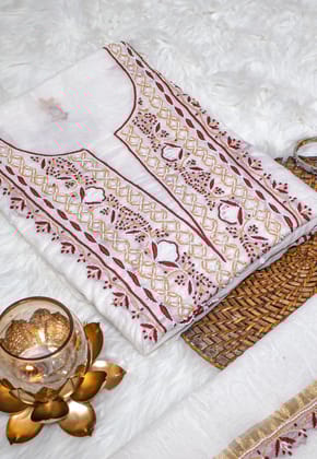 The Chikankari Story Pure Mulmul Chanderi Kurta Dupatta Suit Set: Dyeable with Fine Contrast Chikankari Hand Embroidery, Moti Cut Dana, and Bakhia Work having 3 meter kuta and 2.5 dupatta.-Free Size