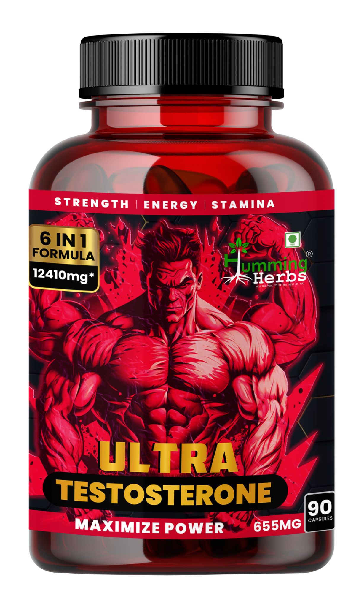 Humming Herbs Ultra Testosterone Booster | Boost Muscle Growth, Energy and Performance with | Tongkat Ali, Tribulus,Arginine and Horny Goat Weed | | 6in1 | 12410 eqv, 90 Capsules