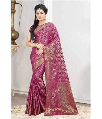 Gazal Fashions Banarasi Silk Self Design Saree With Unstitched Blouse Piece ( Pink )