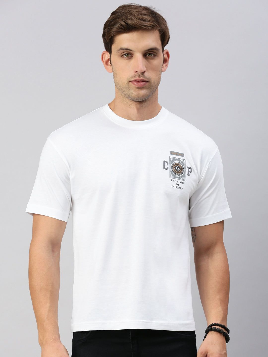 Classic Polo Men's Half Sleeve White Crew Neck Slim Fit Printed Oversized T-Shirt | GENX-CREW 52 A SF C