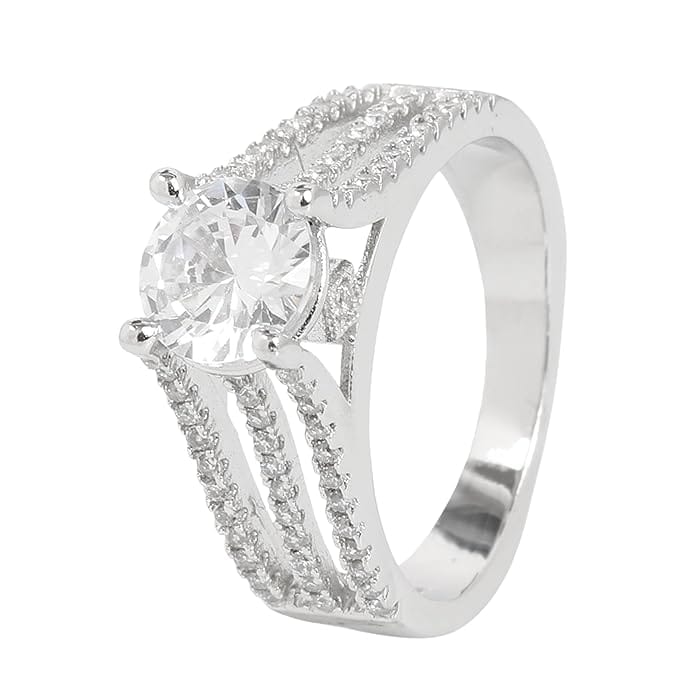 925 Sterling Silver Solitaire Ring with Cubic Zirconia | Multi-Row Pavé Band Engagement Ring for Women I Weight - 4.75 g